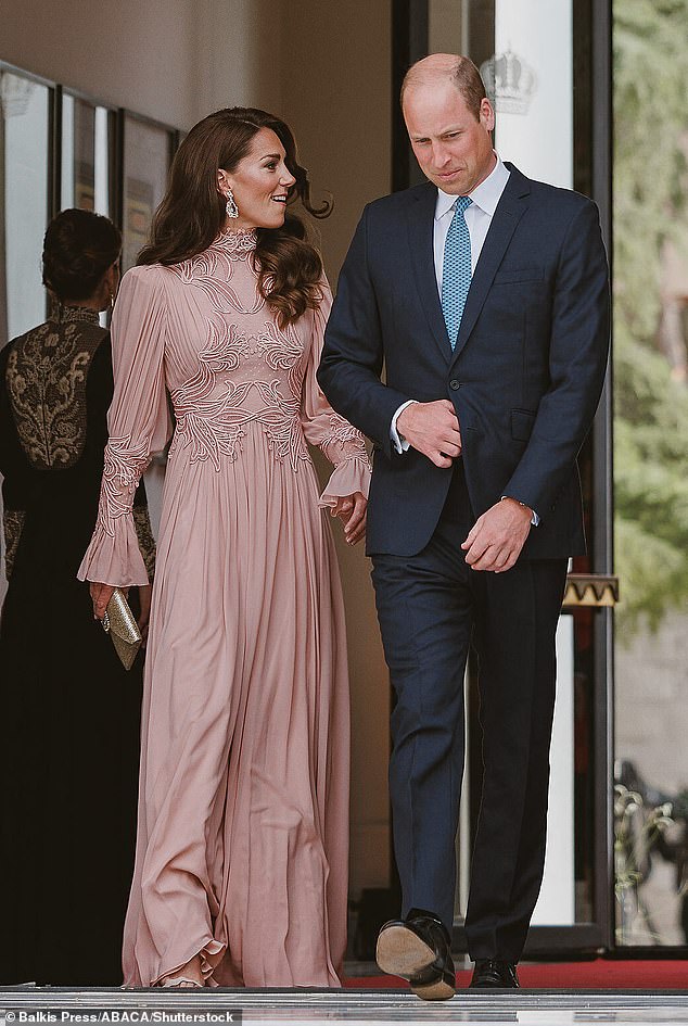 The Princess of Wales looked elegant in a soft pink Elie Saab dress as she attended Crown Prince Hussein's wedding to Rajwa Al-Saif in Jordan with Prince William