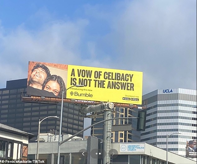 The 34-year-old former dominatrix commented on a video from TikTok user @ferociouskatie that showed the billboard of the new Bumble app blowing up with the text: 'A vow of celibacy is not the answer'