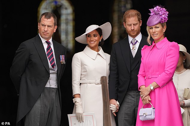 Peter talks to his sister Zara and the Duke and Duchess of Sussex at St Paul's Cathedral in June 2022