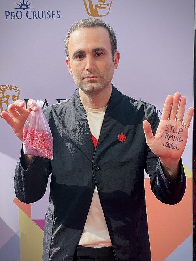 Khalid Abdallaa, 43, who played Princess Diana's late friend Dodi Fayed in the Netflix show, also held up a clear bag containing 14,000 red sequins to represent each 