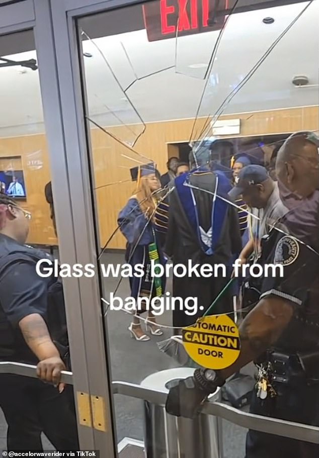 Footage showed a shattered glass door as family members tried to fight their way past security