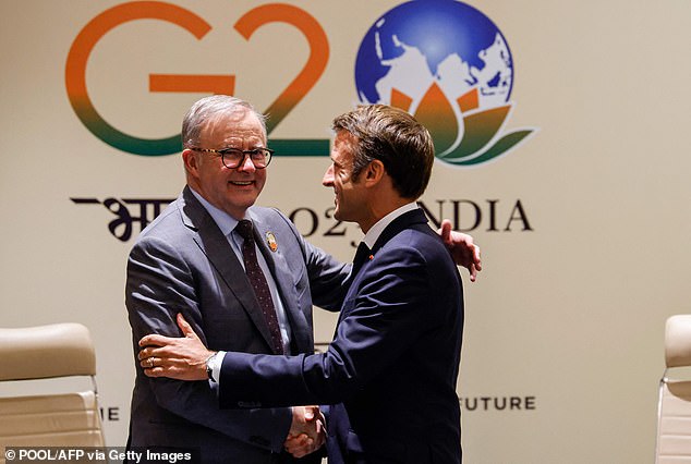 The $20.7 million Indo-Specific spending commitment will see both countries working together on defense and security in the region.  Pictured: Anthony Albanese (left) greets French President Emmanuel Macron ahead of their bilateral meeting during the 2023 G20 Leaders Summit