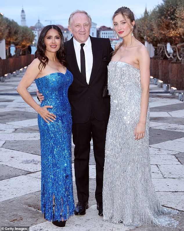 Salma Hayek, Francois-Henri and Mathilde attend the Fondazione Cini, Isola Di San Giorgio Photocall during the 60th Biennale Art 2024 in Venice, Italy in April