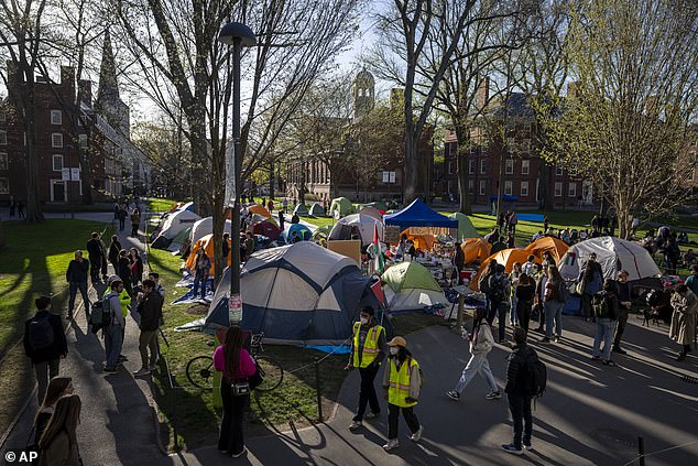 Students protesting the war in Gaza and passersby walking through Harvard Yard are seen at an encampment at Harvard University on Thursday, April 25.