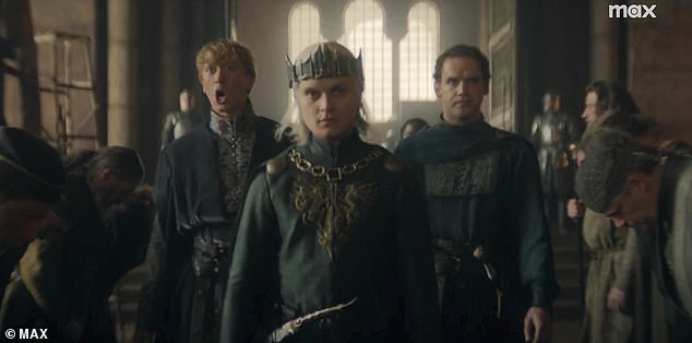 As King Aegon II Targaryen (Tom Glynn-Carney) approaches his throne, Rhaenyra (D'Arcy) muses, 