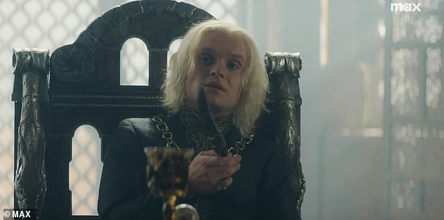 Meanwhile, during a tense meeting, King Aegon asks, casually pointing his blade at the others, 