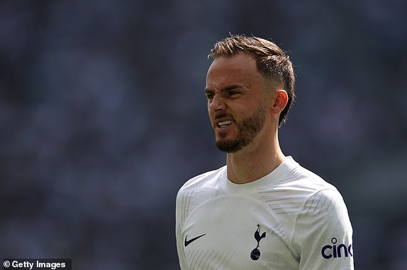 LONDON, ENGLAND - MAY 11: James Maddison of Spurs in action during the Premier League match between Tottenham Hotspur and Burnley FC at Tottenham Hotspur Stadium on May 11, 2024 in London, England.  (Photo by Julian Finney/Getty Images)