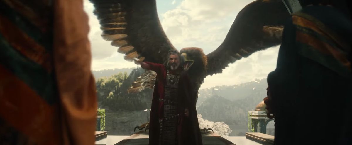 Pharazôn dismounts from a giant eagle onto a platform and draws his sword in the trailer for Season 2 of The Lord of the Rings: The Rings of Power