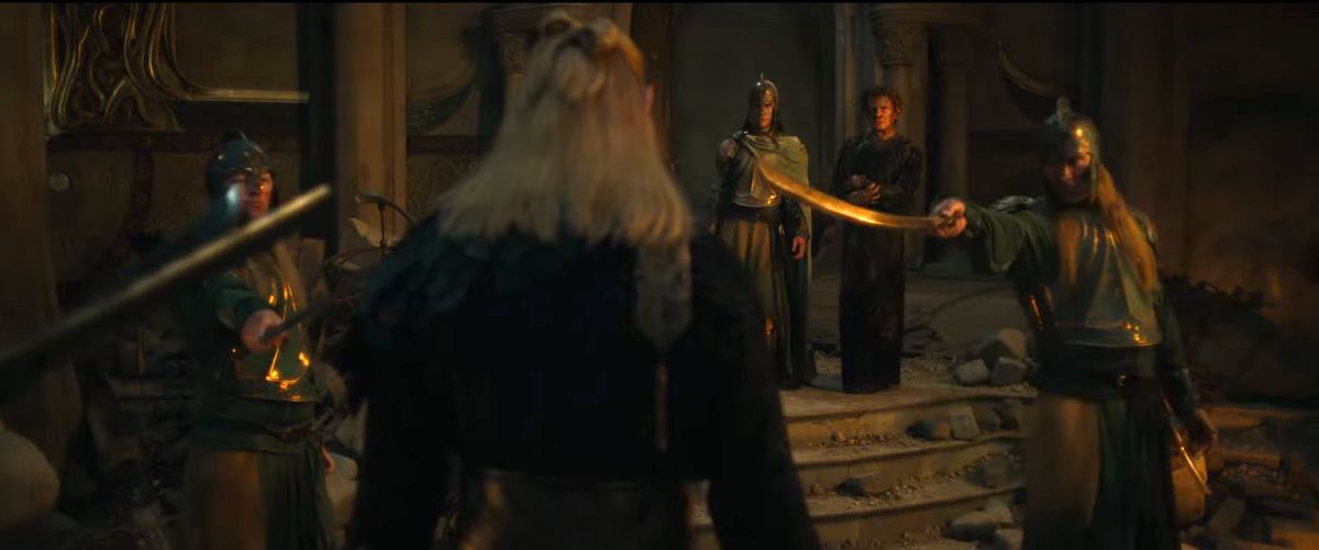 Elven guardians point their swords at Sauron and seemingly protect a ragged-looking Celebrimbor from him in the trailer for Season 2 of The Lord of the Rings: The Rings of Power