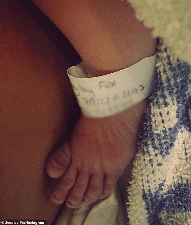 The new mother announced that she and her husband Nicholas had named their son River, captioning a series of photos: 