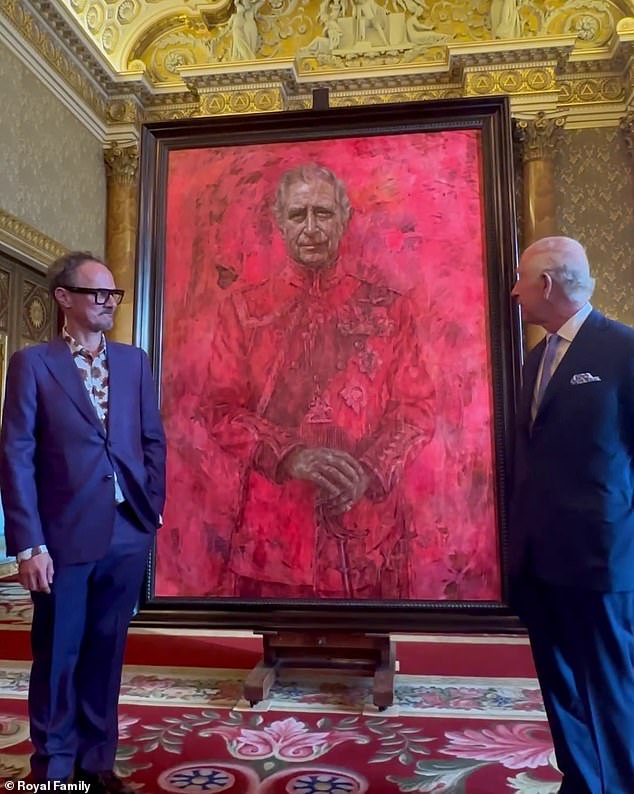 Charles stands today at Buckingham Palace next to Jonathan Yeo who painted the portrait