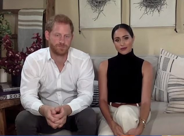 Meghan Markle and Prince Harry (pictured on a conference call from their home in October 2020) reportedly held a secret 'introductory meeting' with Gavin Newsom