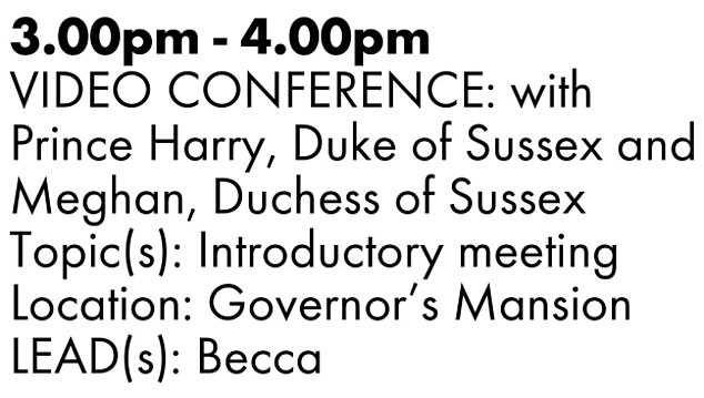 The Sussexes took part in an hour-long virtual meeting with the Democratic governor on October 19, 2020, according to a memo obtained by The Sun (above)