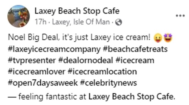 Eagle-eyed fans couldn't help but notice his odd fashion choice as he posed for a photo with the owners of Laxey Beach Stop Cafe