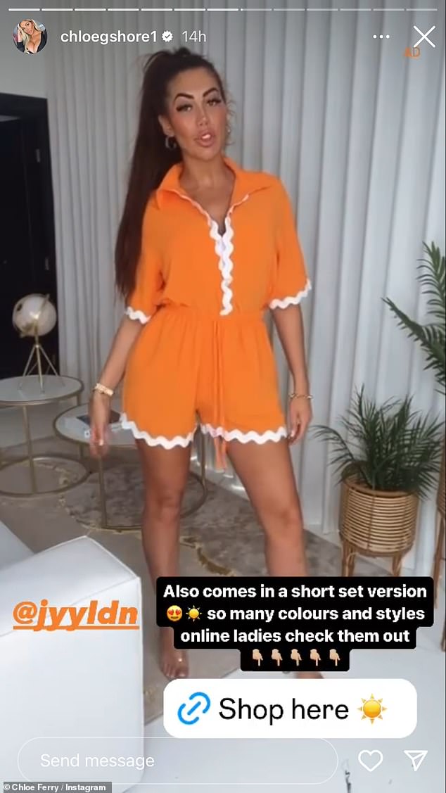 Chloe then modeled an orange two-piece embellished with white ruffled trim and promised her followers to keep them updated with links.