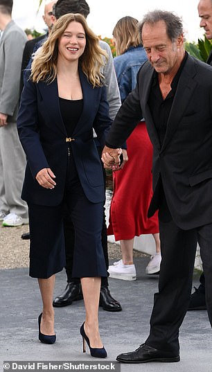The actress, who stars in the new release, dressed to impress in a cropped black jumpsuit, teamed with a navy blazer