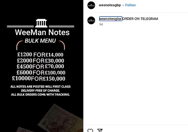 An Instagram account is offering 'bulk buy' discounts for counterfeit banknotes