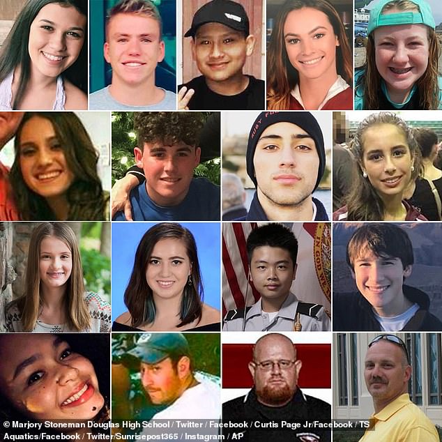 A total of 17 people were killed in the shooting.  Pictured L-R – Jaime Guttenberg, Nicholas Dworet, Martin Duque, Meadow Pollack, Cara Loughran;  Alyssa Alhadeff, Luke Hoyer, Joaquin Oliver, Gina Montalto;  Alaina Petty, Carmen Schentrup, Peter Wang, Alex Schachter;  Helena Ramsey, Scott Beigel, Aaron Feis, Chris Hixon