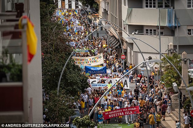 Protesters gathered at Weyler Square in Tenerife's capital Santa Cruz on April 20, the starting point for a march on the British-popular holiday island.