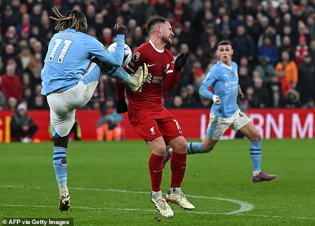 Jeremy Doku appeared to kick Alexis Mac Allister in the chest, but Liverpool were denied a penalty