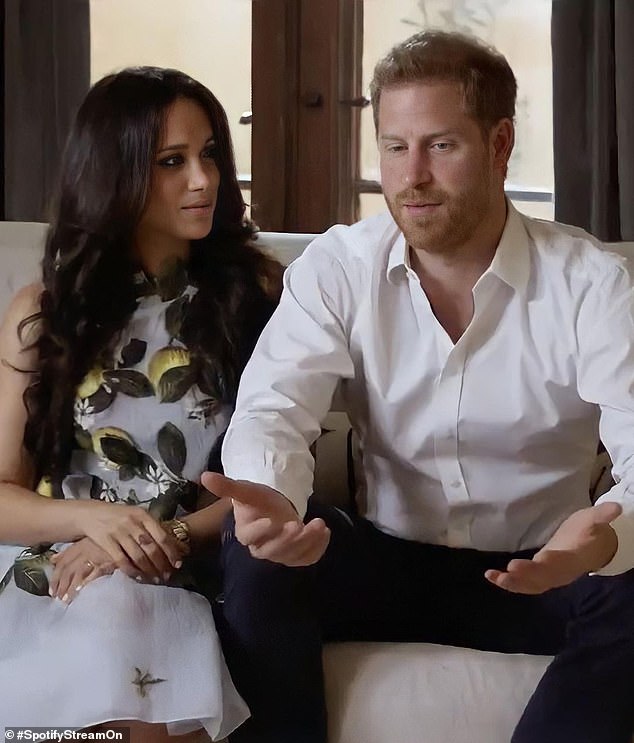 Meghan wore the same print and designer for her first appearance after leaving the royal family.  Pictured: Duchess of Sussex and Prince Harry at Spotify event