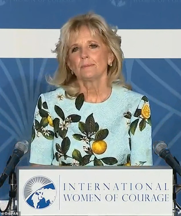 Jill is pictured giving a speech at the International Women of Courage Awards