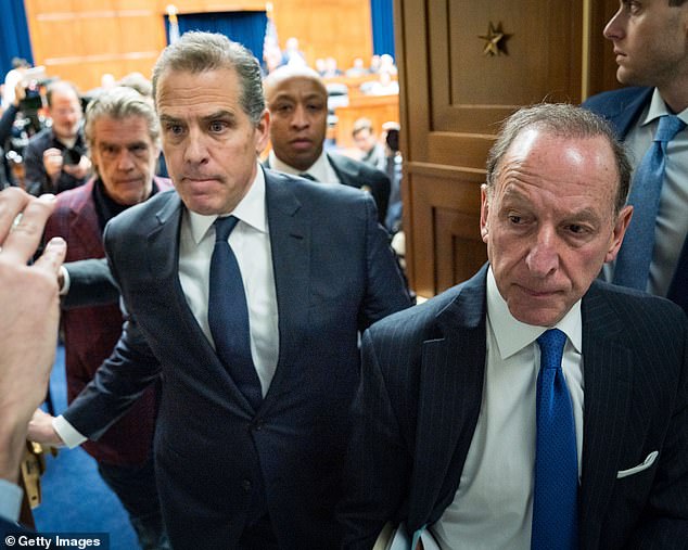 Kevin Morris is seen at left, while President Biden's son, Hunter, is seen at center, with his attorney Abbe Lowell, at right, seen in January