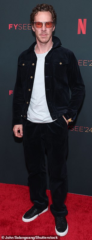 The 47-year-old English actor wore a plain white T-shirt under a black two-pocket shirt and black pants while attending a Netflix event at Sunset Las Palmas Studios