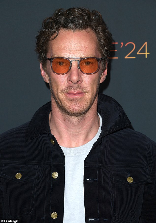 Benedict wore rose-colored glasses and sported stubble on his face