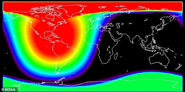 Communications disruptions were reported over North and South America around 12:51 ET, shown here in red areas near the pole and over the Americas