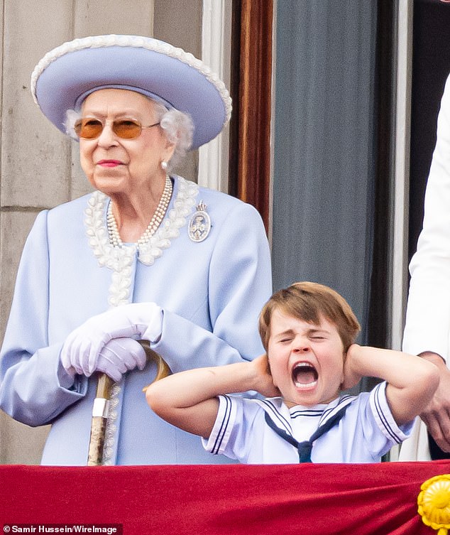 At Trooping the Color 2022, young Prince Louis was overwhelmed by the roaring flypast, covering his ears and shouting in response.  And in the background the queen couldn't help but smile