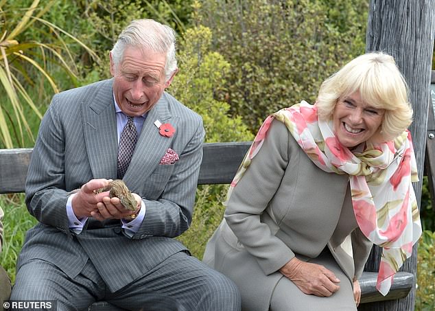 Charles has a hilarious reaction after a large lizard landed on his pants while visiting the Orokonui Eco Reserve with Camilla in New Zealand, 2015