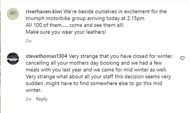 However, customers seem as bewildered as staff by the decision to close, with one commenting on the winery's Instagram page two weeks ago: 'Very strange that you are closed for the winter and canceling all your Mother's Day bookings'