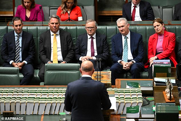 Prime Minister Anthony Albanese looks on as Peter Dutton delivers his budget response