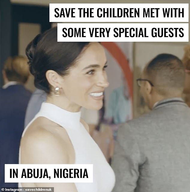 Meghan beamed as she met Save the Children charity workers in Abuja