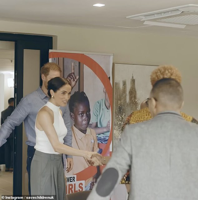 The Sussexes shook hands with Save the Children staff in the video shared on Instagram