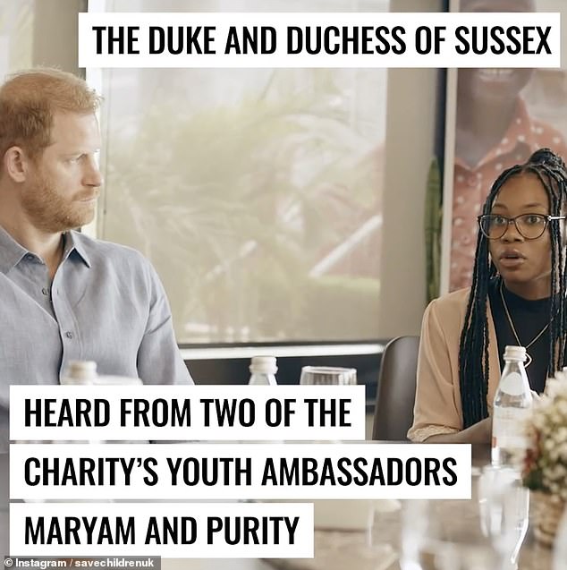 The photo shows Prince Harry listening as Save the Children Youth Ambassador Purity speaks about the issues facing Nigeria