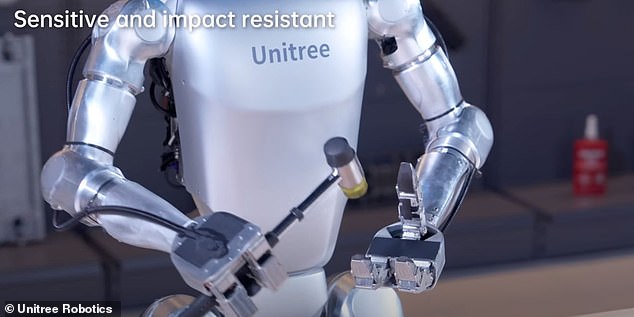 In one creepy clip, the child-sized robot is seen smashing its own hand with a hammer