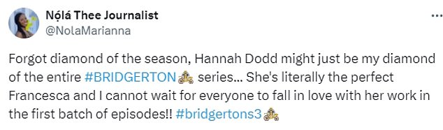 Despite the series only being released today, fans of the period drama have already flocked to X (formerly Twitter) to praise the Colchester-based actress' performance as Bridgerton's quiet sibling.