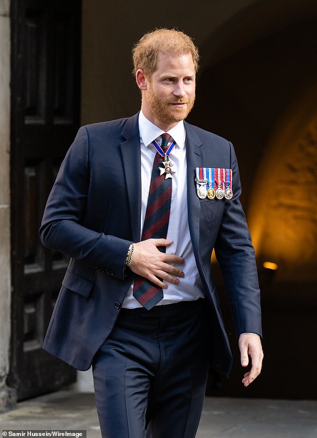 The Duke of Sussex leaves during the Invictus Games Foundation's 10th Anniversary Service at St Paul's Cathedral on May 8, 2024 in London, England