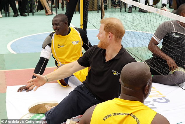 Prince Harry, Duke of Sussex, attends a sitting volleyball match in Nigeria Unconquered, a charity dedicated to helping wounded, injured or ill military personnel, as part of the anniversary celebrations of the Invictus Games in Abuja, Nigeria on May 11 .  2024