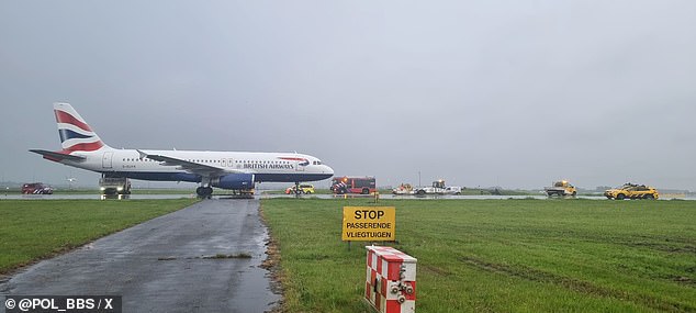 Flight BA764 left Heathrow shortly after 5pm yesterday, but the captain had to make the distress call just 90 minutes into the flight.  The plane landed at 7:38 p.m. and blocked the runway while emergency services cleared the plane