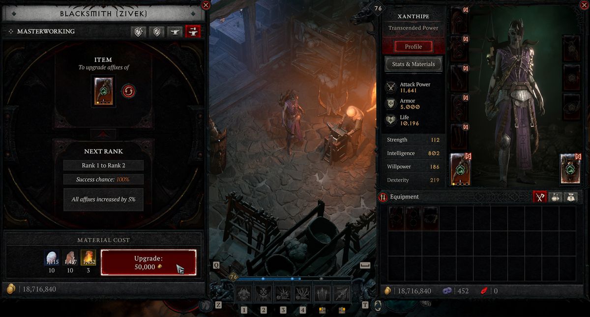 A menu shows how to use Masterworks in Diablo 4.