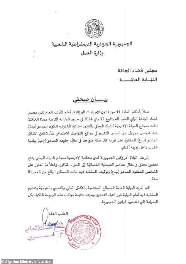 A statement from the Algerian Ministry of Justice (pictured) promised that Omar would receive psychological care, and promised that the perpetrator would be tried with 'severity'.