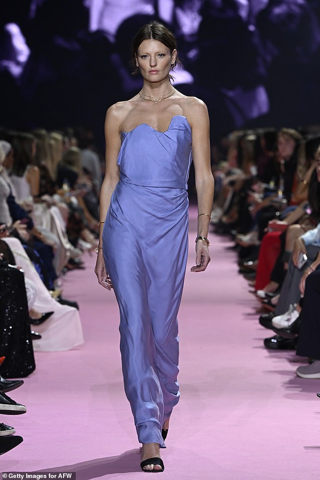 Montana also strutted her stuff in a flowing baby blue dress that was floor-length and strapless