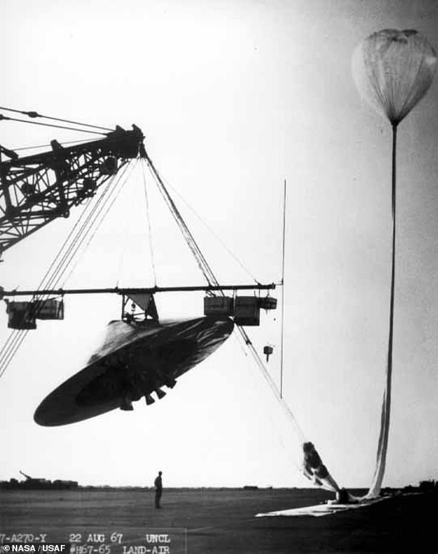 In the late 1990s, the US Air Force also pointed to this aeroshell from a 1967 NASA Voyager-Mars spacecraft (above) as an explanation for the 1947 Roswell UFO crash, twenty years earlier.