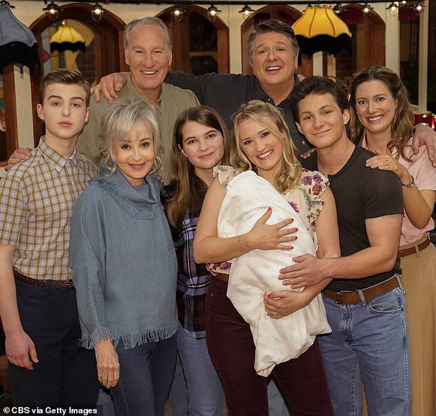 Young Sheldon cast members Iain Armitage as Sheldon, Annie Potts as Meemaw, Craig T. Nelson as Coach Ballard, Raegan Revord as Missy, Lance Barber as George Sr., Emily Osment as Mandy, Montana Jordan as Georgie, Zoe Perry as Mary