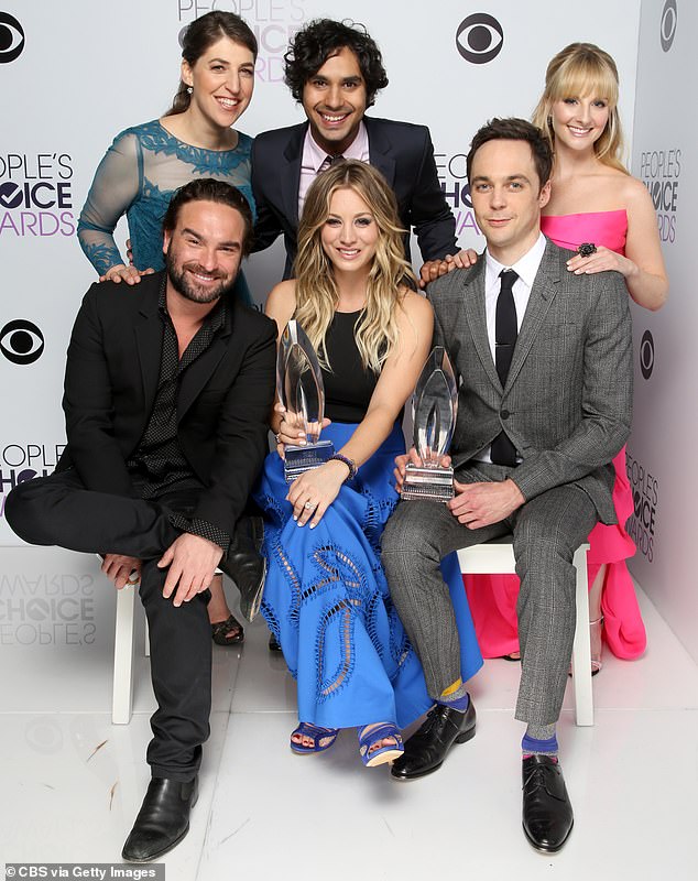 Mayim, Kunal Nayyar, Melissa Rauch, Johnny Galecki, Kaley Cuoco and Jim are shown as the cast of The Big Bang Theory posing together in Los Angeles in 2014