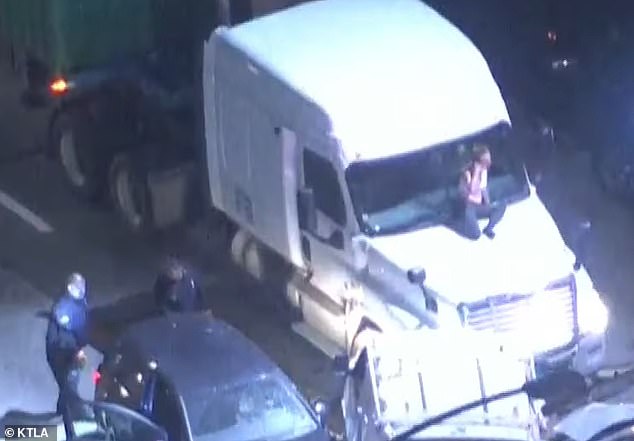 After her path was blocked by dozens of cars on the highway, the woman climbed onto the hood of a large truck and sat there as police pointed Tasers at her.