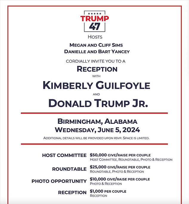 Don Jr and Guilfoyle are also hosting an event in Birmingham, Alabama next month